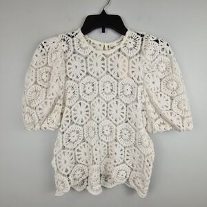 Idem Ditto Cream Cotton Crochet Puff Sleeve Top Womens Small Boho Stiff Blouse